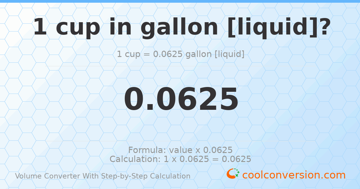1 cup = 0.0625 gallons [liquid]